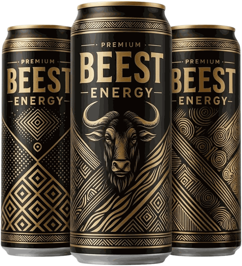 BEEST Energy premium cans in black and gold